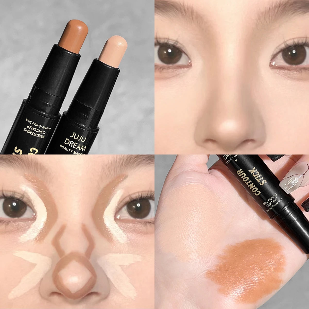 Bâton de contour à double extrémité, fond de teint pour le visage et correcteur