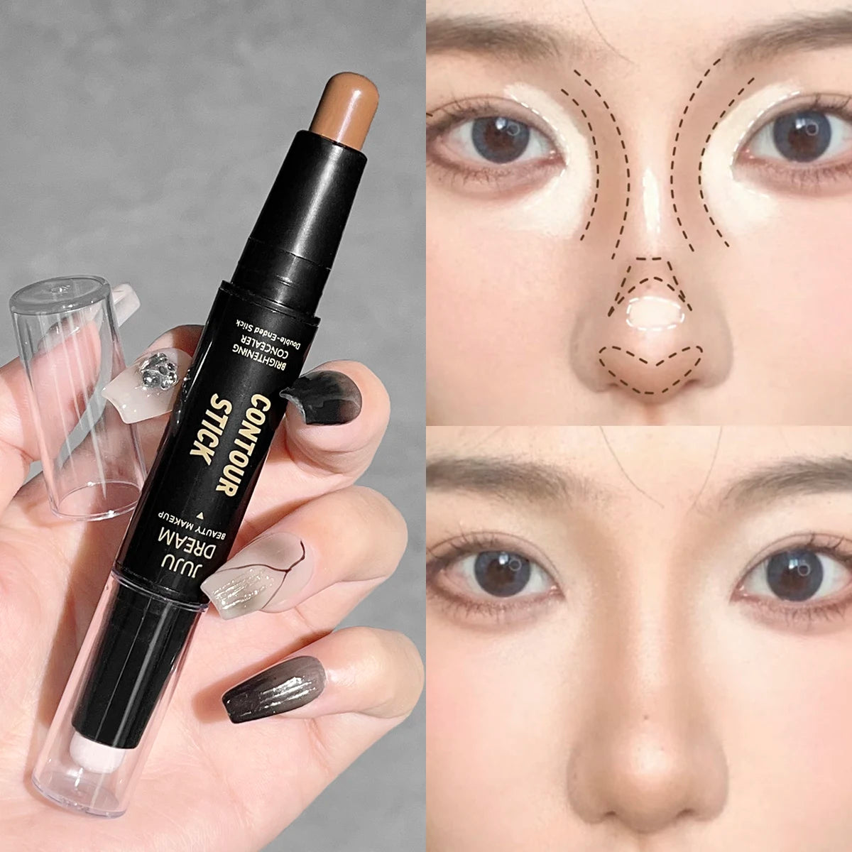 Bâton de contour à double extrémité, fond de teint pour le visage et correcteur